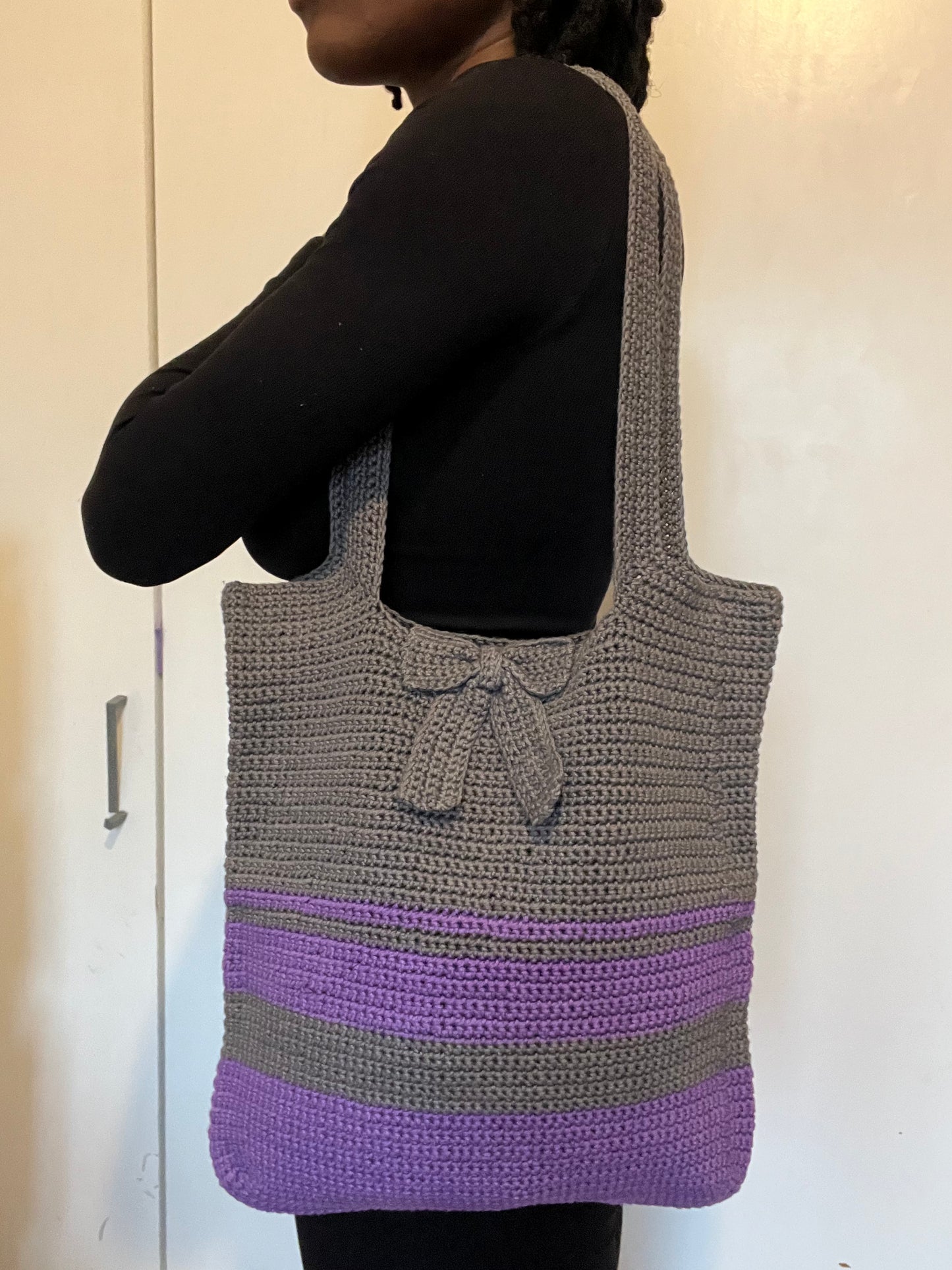 Large Grey | Purple bow tote bag